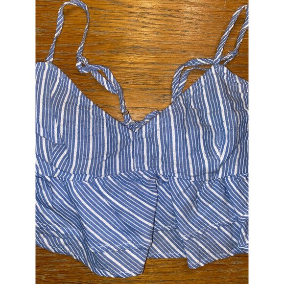 Blue & White Striped Ruffled Crop Top With Tie Back - Picture 2 of 3